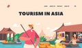 Tourism in Asia Landing Page Template. Traditional Trading in Asian Floating Market in Thailand. Saleswoman on Boat Royalty Free Stock Photo