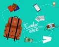 Tourism of the backpack traveler with fast travel on a flat design style