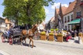 Tourism in Belgium. Medieval houses, cafes with tourists, a horse and cart