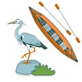 Tourism, bird watching concept, gray heron, kayak, paddles, river rafting vector illustration set