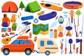 Tourism camp equipment vector illustration set, cartoon flat travel expedition collection for family tourists hiking