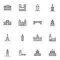 Tourism cities landmarks line icons set Royalty Free Stock Photo