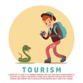 Tourism male tourist and snake