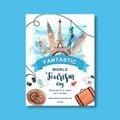 Tourism day Poster design with Singapore, England, Italy, USA watercolor illustration