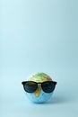 Tourism, ecology, vacation and globalism concept. Globe in sunglasses on a blue background banner. Minimal creative