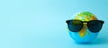 Tourism, ecology, vacation and globalism concept. Globe in sunglasses on a blue background banner. Minimal creative