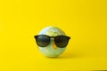 Tourism, ecology, vacation and globalism concept. Globe in sunglasses on a yellow background. Minimal creative