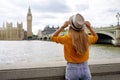 Tourism in England. Back view of traveler girl visiting London City with Westminster bridge on Thames river and famous Big Ben Royalty Free Stock Photo