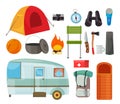 Tourism equipment flat vector illustrations set. Camping items color drawing. Tourist tent, backpack isolated cliparts