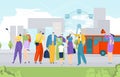Tourism excursion in city, people travel group near tour bus, vector illustration. Cartoon trip by transport, holiday