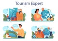 Tourism expert concept set. Travel agent selling tour, cruise, airway or railway