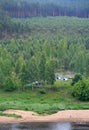 Tourism in the forest, tents, river, people.n
