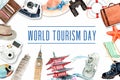 Tourism frame design with landmark of Japan, Singapore, London, Italy watercolor illustration