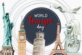 Tourism frame design with landmark of London, Singapore, France, Italy watercolor illustration