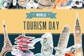 Tourism frame design with landmark of Singapore, Japan, London, France watercolor illustration