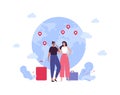 Tourism and global travel concept. Vector flat people illustration. Couple of female family or friends with baggage and suitcase