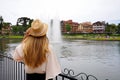 Tourism in Gramado, Brazil. Stylish young woman visiting Gramado town, Serra Gaucha, Rio Grande do Sul, Brazil Royalty Free Stock Photo