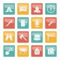 Tourism and hiking icons over colored background