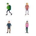 Tourism icons set cartoon vector. Male and female character with backpack