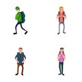 Tourism icons set cartoon . Male and female character with backpack