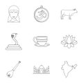Tourism in India icon set, outline style