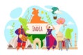 Tourism in india, people travel in asia culture vector illustration. Flat indian holiday symbol design, asian