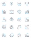 Tourism industry linear icons set. Adventure, Beaches, Castles, Culture, Festivals, Food, Glamping line vector and