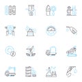 Tourism industry linear icons set. Adventure, Beaches, Castles, Culture, Festivals, Food, Glamping line vector and