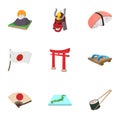 Tourism in Japan icons set, cartoon style