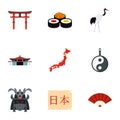 Tourism in Japan icons set, flat style