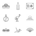 Tourism in Japan icons set, outline style