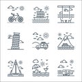 tourism line icons. linear set. quality vector line set such as camper van, beach, pyongyang, cruise ship, road trip, pisa tower,