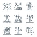 tourism line icons. linear set. quality vector line set such as navigation, lighthouse, notre dame, hot air balloon, north korea,