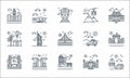 tourism line icons. linear set. quality vector line set such as road trip, town, london bridge, taj mahal, building, guidepost,