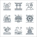 tourism line icons. linear set. quality vector line set such as temple, camper van, island, ferris wheel, vienna, cottage, cable Royalty Free Stock Photo