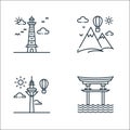 Tourism line icons. linear set. quality vector line set such as torii gate, hot air balloon, hot air balloon