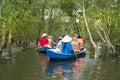 Tourism rowing boat in cajuput forest in floating water season in Mekong delta, Vietnam