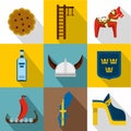 Tourism in Sweden icons set, flat style