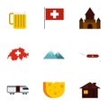 Tourism in Switzerland icons set, flat style