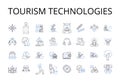 Tourism technologies line icons collection. Artificial intelligence, Social media, Virtual reality, Mobile applications