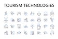 Tourism technologies line icons collection. Artificial intelligence, Social media, Virtual reality, Mobile applications