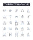 Tourism technologies line icons collection. Artificial intelligence, Social media, Virtual reality, Mobile applications