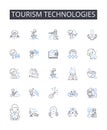 Tourism technologies line icons collection. Artificial intelligence, Social media, Virtual reality, Mobile applications