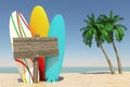 Tourism and Travel Concept. Colorful Summer Surfboards with Blank Wooden Direction Signbard in Tropical Paradise Beach with White