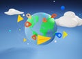 Tourism and travel concept - planes fly around the earth on given routes with geotags in the form of tourist pins, 3d image