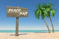 Tourism and Travel Concept. Wooden Direction Signbard with Beach Bar Sign in Tropical Paradise Beach with White Sand and Coconut Royalty Free Stock Photo