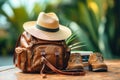 Tourism or travel conceptual image. Tourist gear: rucksack, boots, straw hat, books. Tropical foliage in blurry background