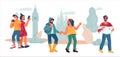 Tourism, traveling and sightseeing concept with people traveling, flat vector illustration isolated.