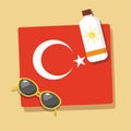 Turkey Travel Towel in the sand with sun glasses and cream from tan