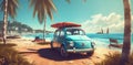 trip car vintage summer vacation retro travel road tropical beach. Generative AI.